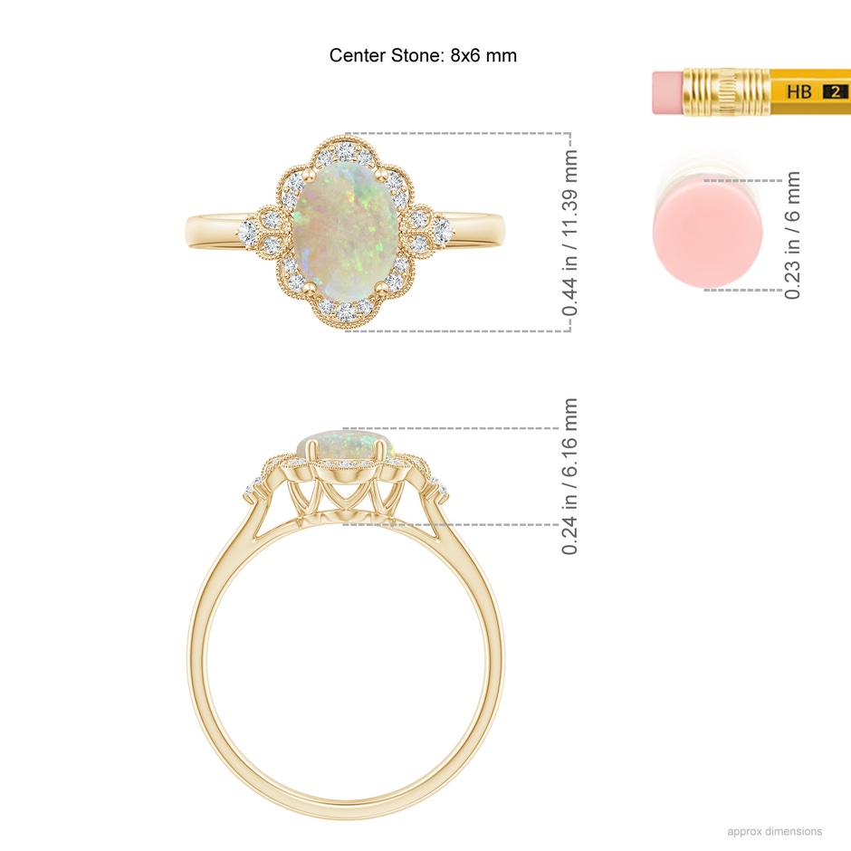 8x6mm AAA Victorian Style Oval Opal and Diamond Halo Engagement Ring in Yellow Gold ruler