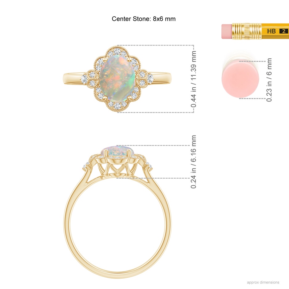8x6mm AAAA Victorian Style Oval Opal and Diamond Halo Engagement Ring in 18K Yellow Gold ruler