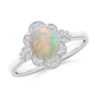 8x6mm AAAA Victorian Style Oval Opal and Diamond Halo Engagement Ring in P950 Platinum