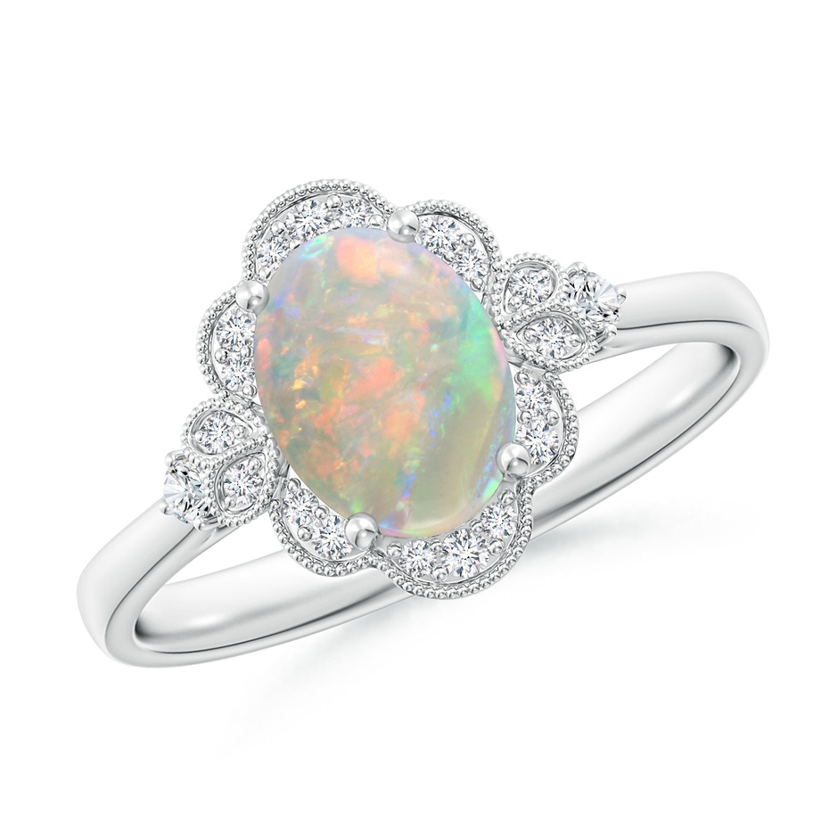 8x6mm AAAA Victorian Style Oval Opal and Diamond Halo Engagement Ring in P950 Platinum 