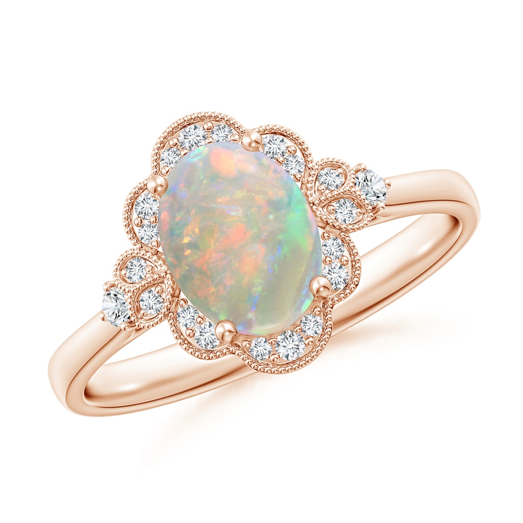 8x6mm AAAA Victorian Style Oval Opal and Diamond Halo Engagement Ring in Rose Gold