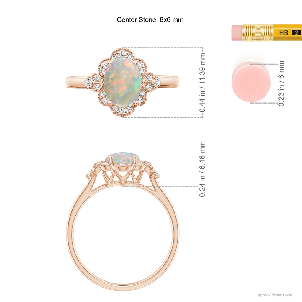 8x6mm AAAA Victorian Style Oval Opal and Diamond Halo Engagement Ring in Rose Gold Ruler