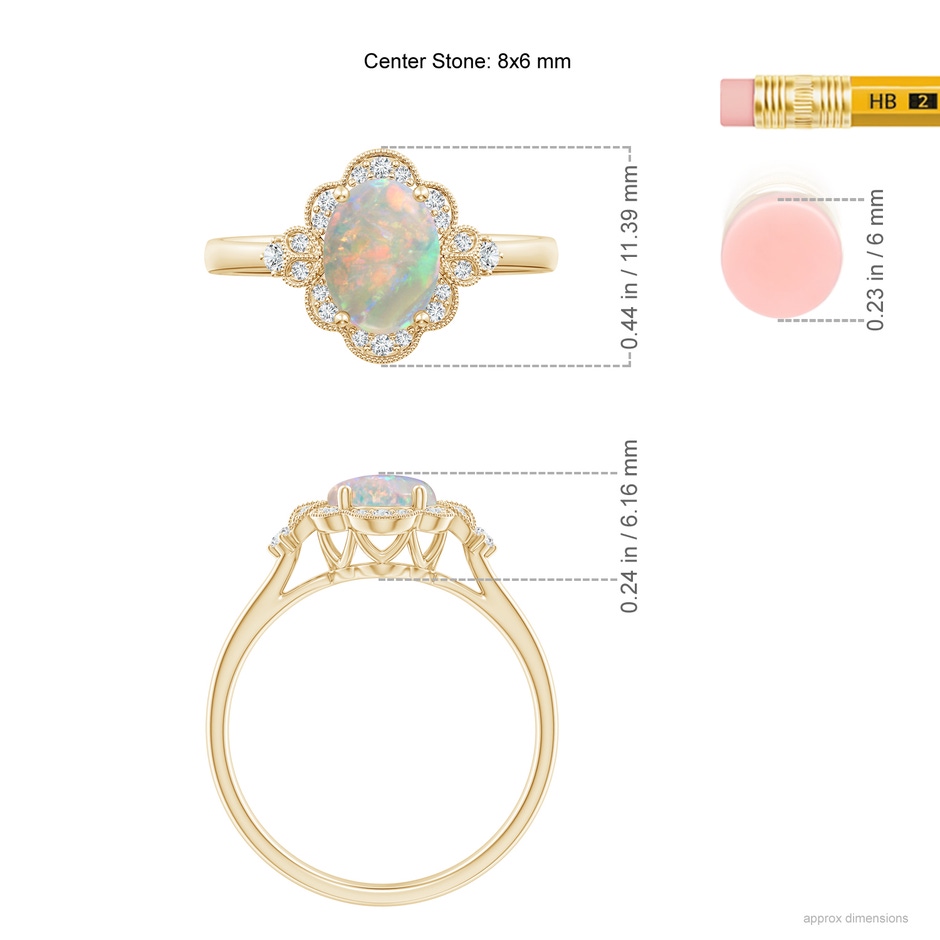 8x6mm AAAA Victorian Style Oval Opal and Diamond Halo Engagement Ring in Yellow Gold ruler