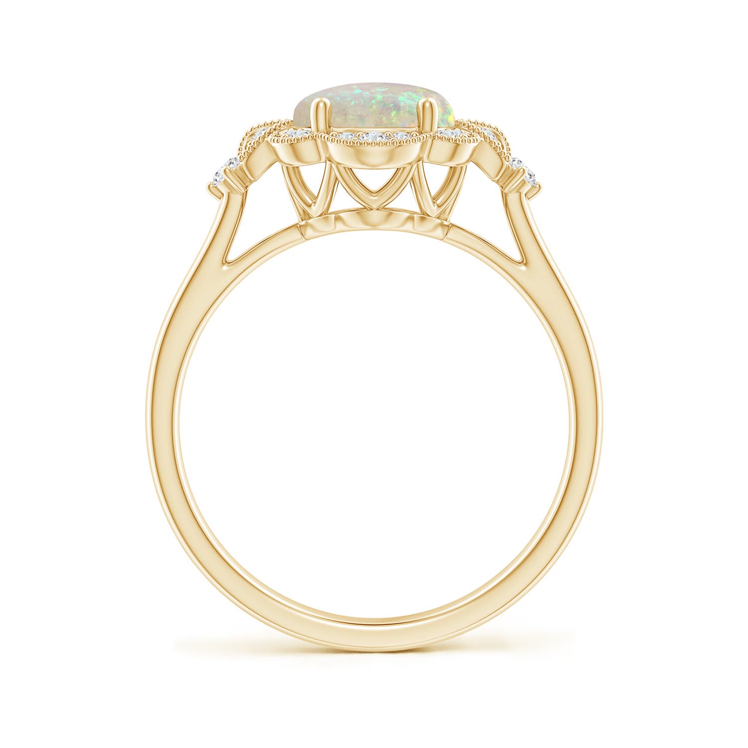 9x7mm AAA Victorian Style Oval Opal and Diamond Halo Engagement Ring in 18K Yellow Gold