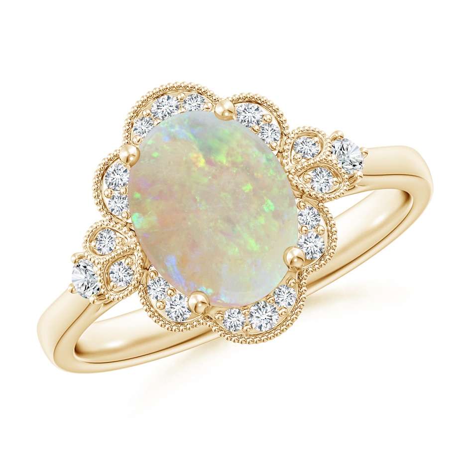 9x7mm AAA Victorian Style Oval Opal and Diamond Halo Engagement Ring in Yellow Gold 