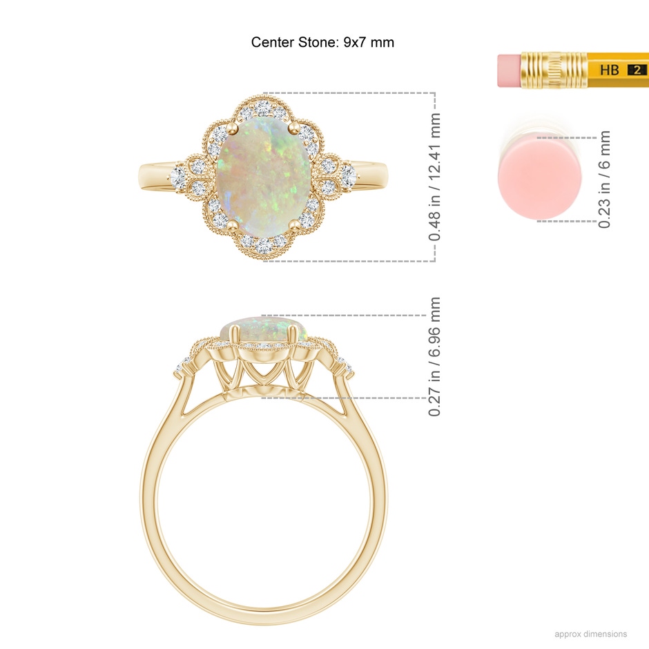 9x7mm AAA Victorian Style Oval Opal and Diamond Halo Engagement Ring in Yellow Gold ruler