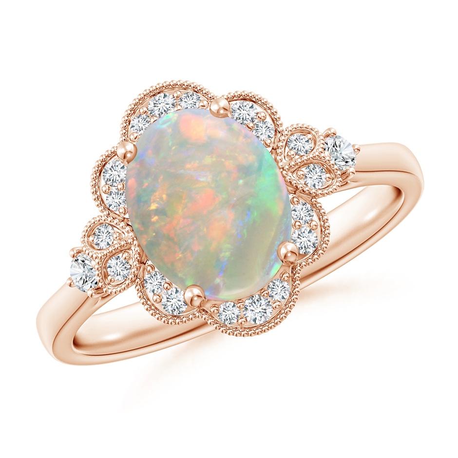 9x7mm AAAA Victorian Style Oval Opal and Diamond Halo Engagement Ring in 10K Rose Gold 