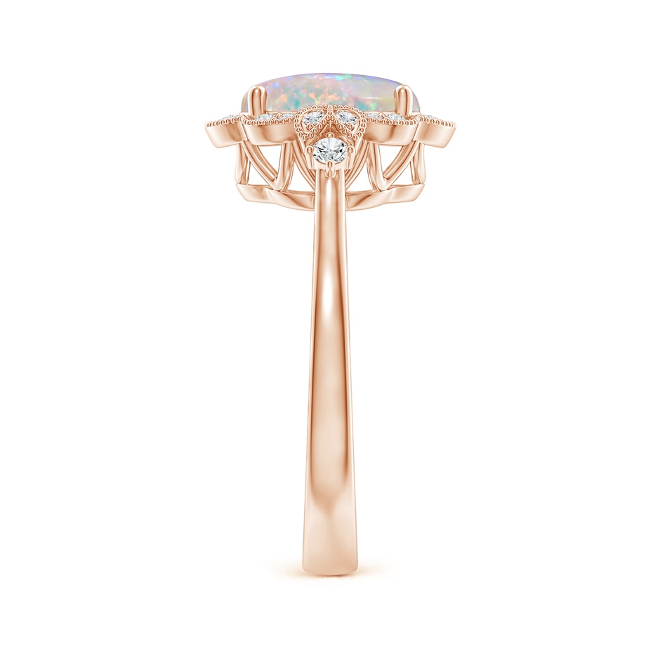 9x7mm AAAA Victorian Style Oval Opal and Diamond Halo Engagement Ring in 10K Rose Gold body-hand