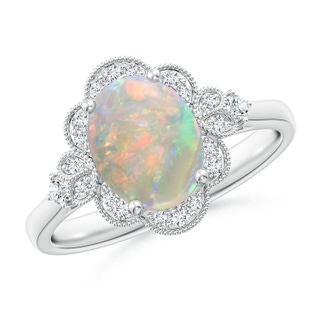 9x7mm AAAA Victorian Style Oval Opal and Diamond Halo Engagement Ring in P950 Platinum
