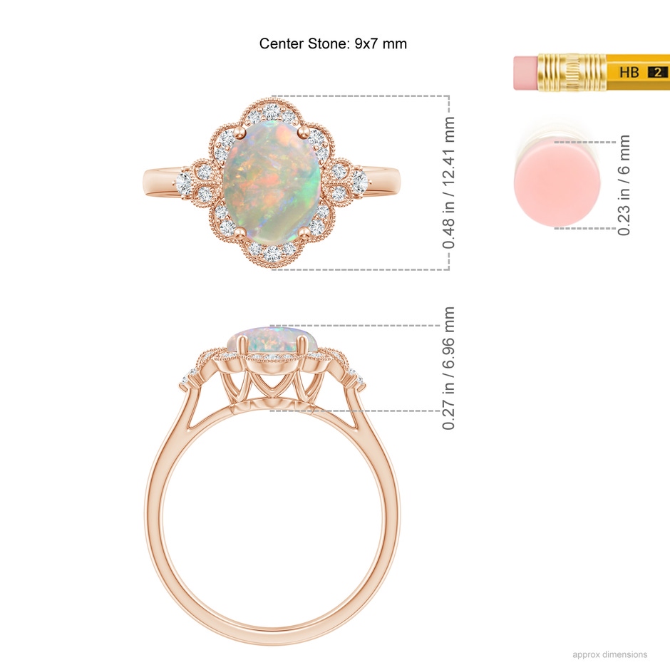 9x7mm AAAA Victorian Style Oval Opal and Diamond Halo Engagement Ring in Rose Gold ruler