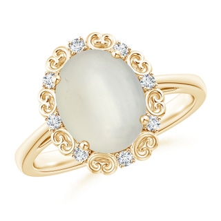 10x8mm AAA Vintage Style Oval Moonstone and Diamond Scroll Ring in Yellow Gold
