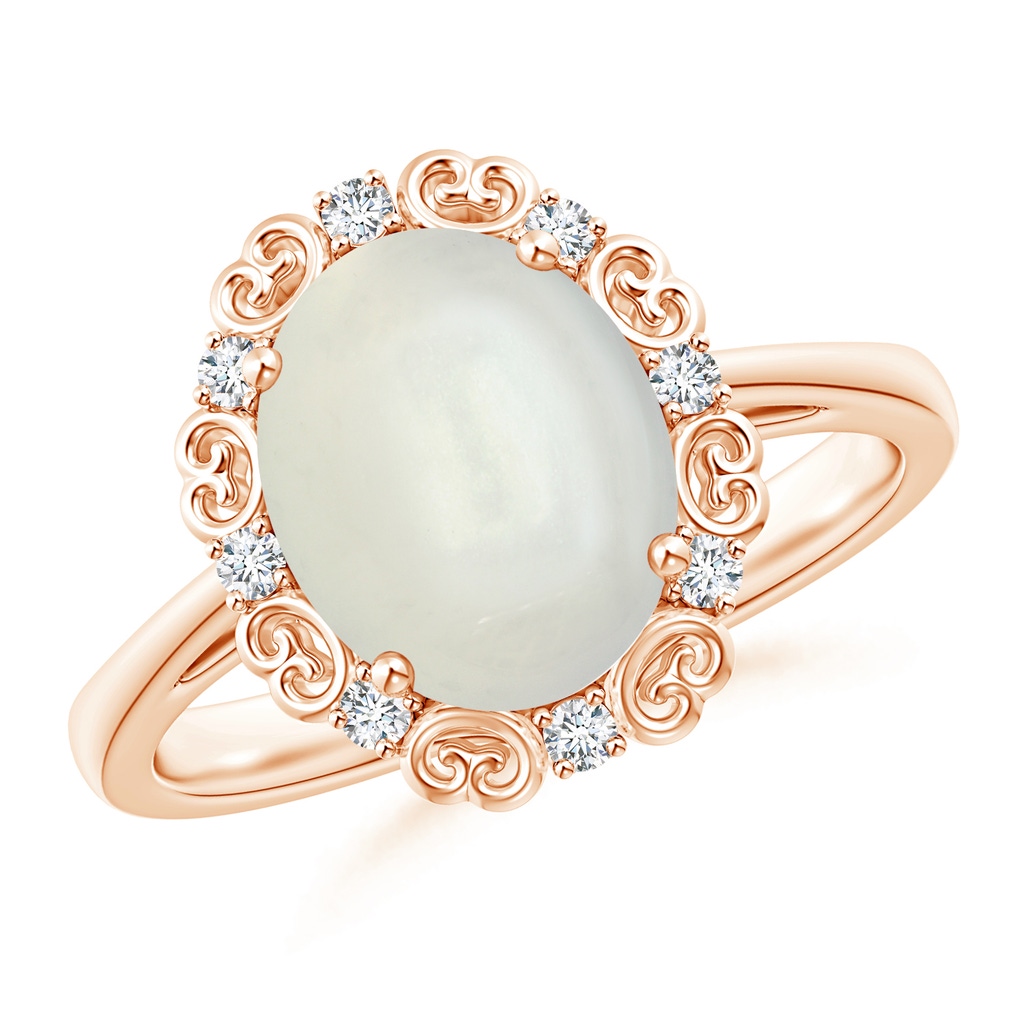 10x8mm AAAA Vintage Style Oval Moonstone and Diamond Scroll Ring in Rose Gold