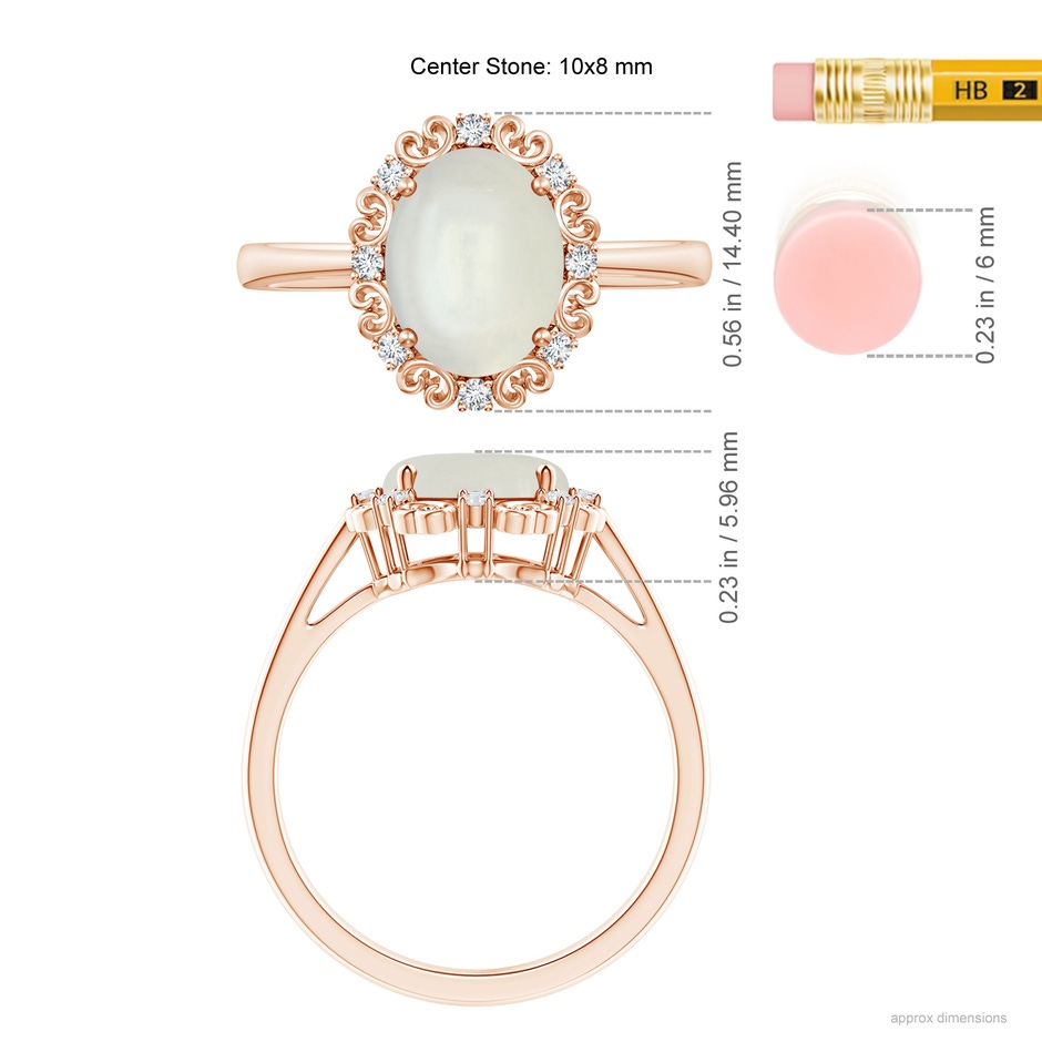 10x8mm AAAA Vintage Style Oval Moonstone and Diamond Scroll Ring in Rose Gold ruler