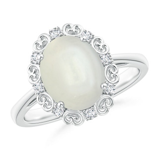 10x8mm AAAA Vintage Style Oval Moonstone and Diamond Scroll Ring in White Gold