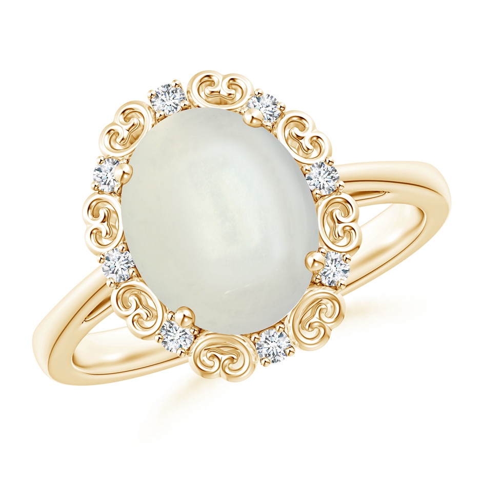 10x8mm AAAA Vintage Style Oval Moonstone and Diamond Scroll Ring in Yellow Gold 