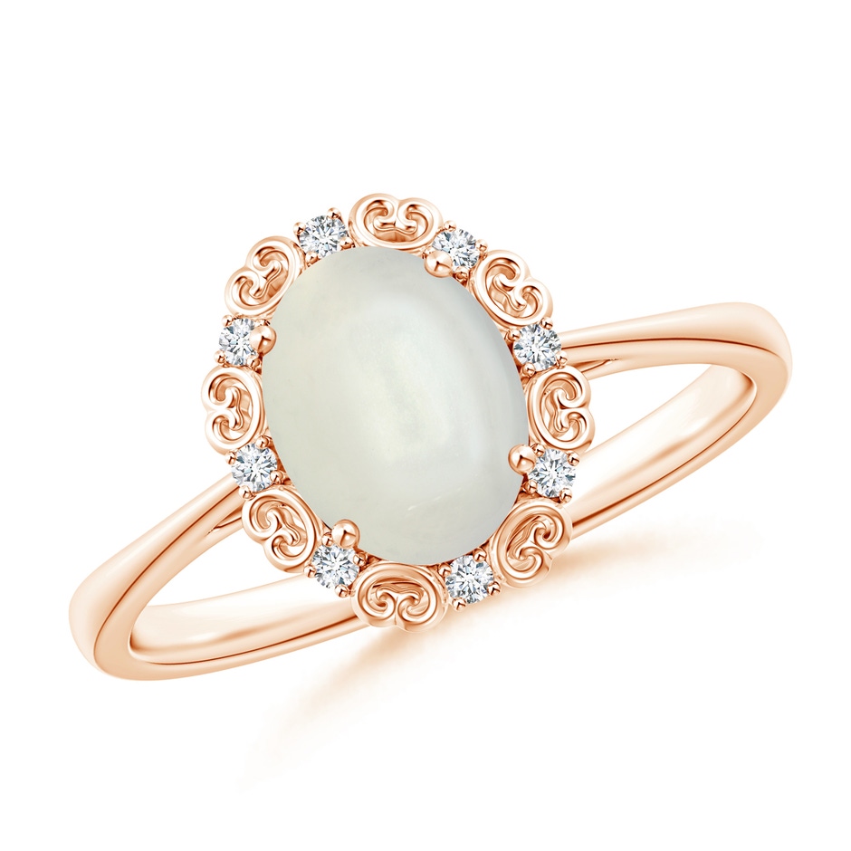 8x6mm AAAA Vintage Style Oval Moonstone and Diamond Scroll Ring in Rose Gold 