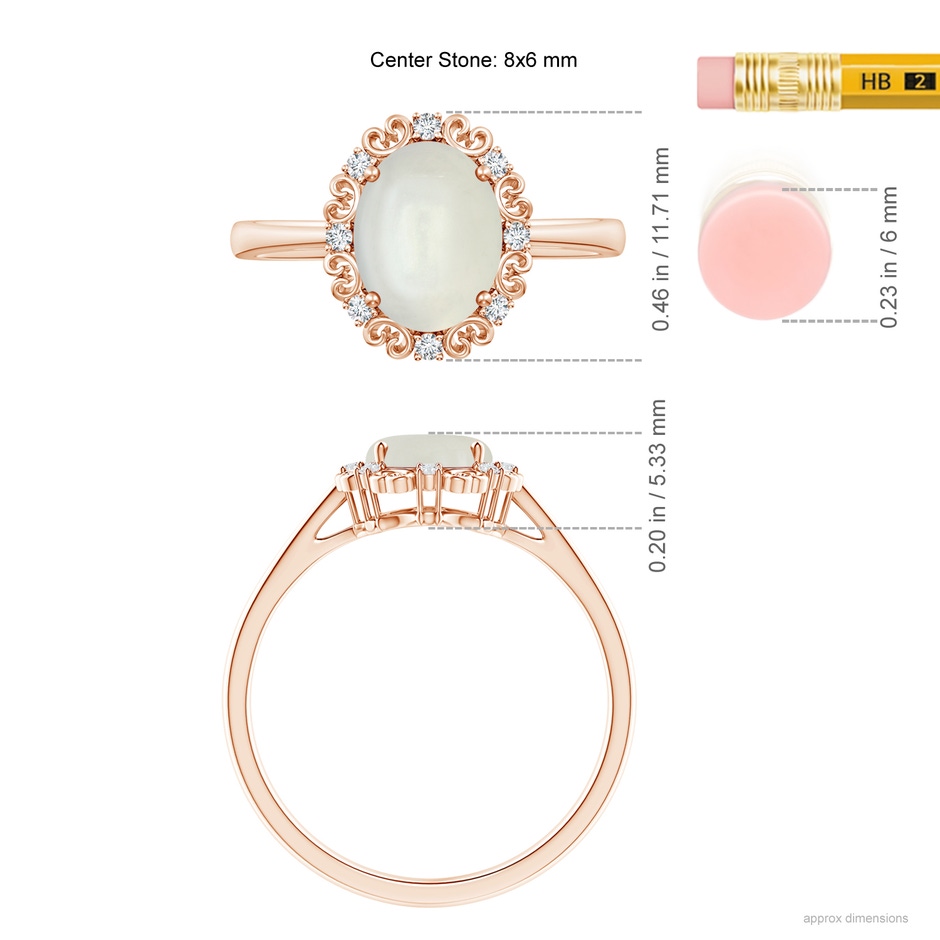 8x6mm AAAA Vintage Style Oval Moonstone and Diamond Scroll Ring in Rose Gold ruler
