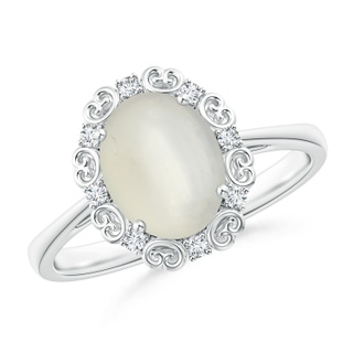 9x7mm AAA Vintage Style Oval Moonstone and Diamond Scroll Ring in White Gold