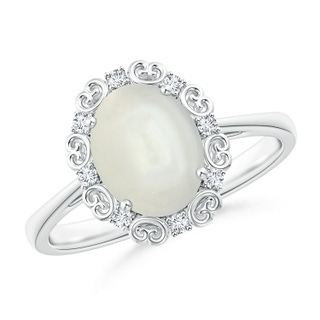 9x7mm AAAA Vintage Style Oval Moonstone and Diamond Scroll Ring in White Gold