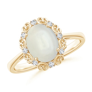 9x7mm AAAA Vintage Style Oval Moonstone and Diamond Scroll Ring in Yellow Gold