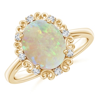 10x8mm AAA Vintage Style Oval Opal and Diamond Scroll Engagement Ring in 9K Yellow Gold