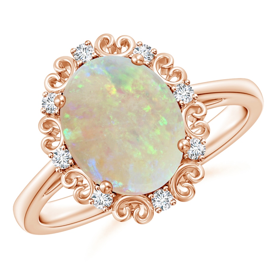 10x8mm AAA Vintage Style Oval Opal and Diamond Scroll Engagement Ring in Rose Gold 