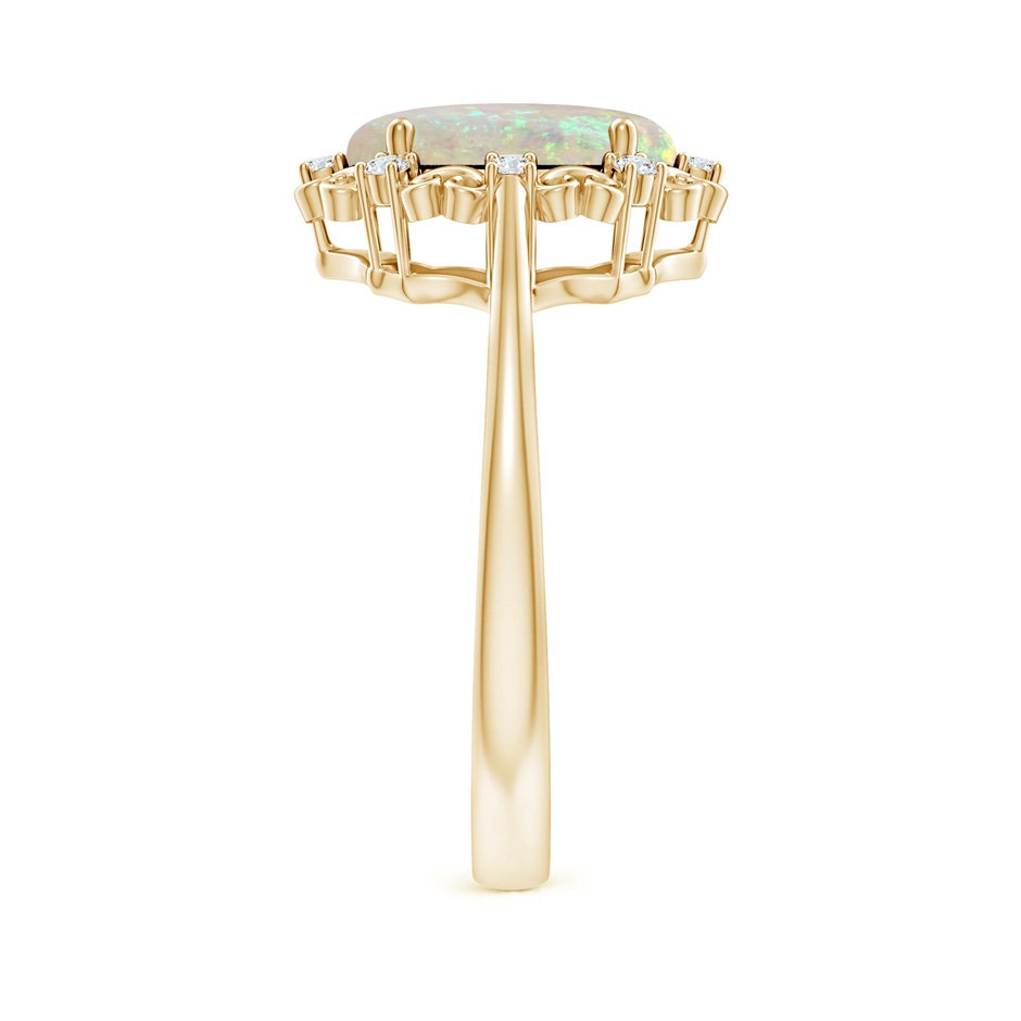 10x8mm AAA Vintage Style Oval Opal and Diamond Scroll Engagement Ring in Yellow Gold body-hand