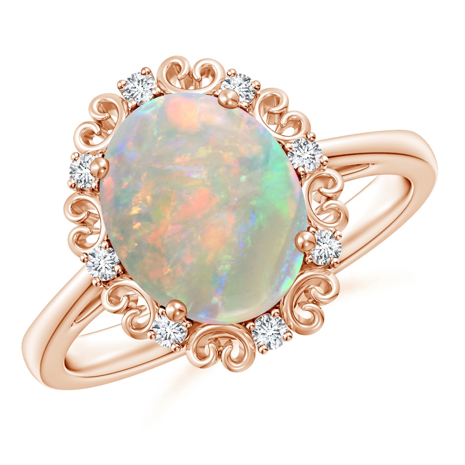 10x8mm AAAA Vintage Style Oval Opal and Diamond Scroll Engagement Ring in Rose Gold 