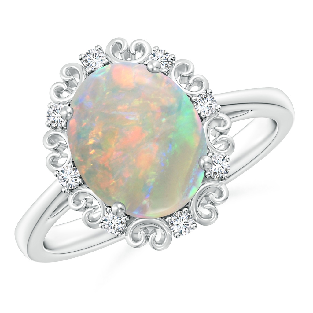 10x8mm AAAA Vintage Style Oval Opal and Diamond Scroll Engagement Ring in White Gold