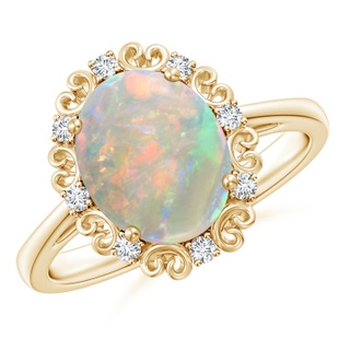 10x8mm AAAA Vintage Style Oval Opal and Diamond Scroll Engagement Ring in Yellow Gold