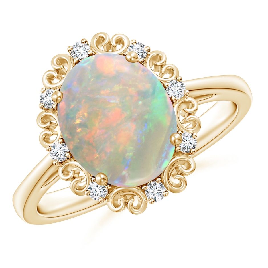 10x8mm AAAA Vintage Style Oval Opal and Diamond Scroll Engagement Ring in Yellow Gold 