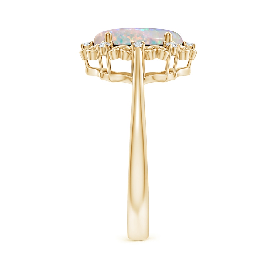 10x8mm AAAA Vintage Style Oval Opal and Diamond Scroll Engagement Ring in Yellow Gold body-hand