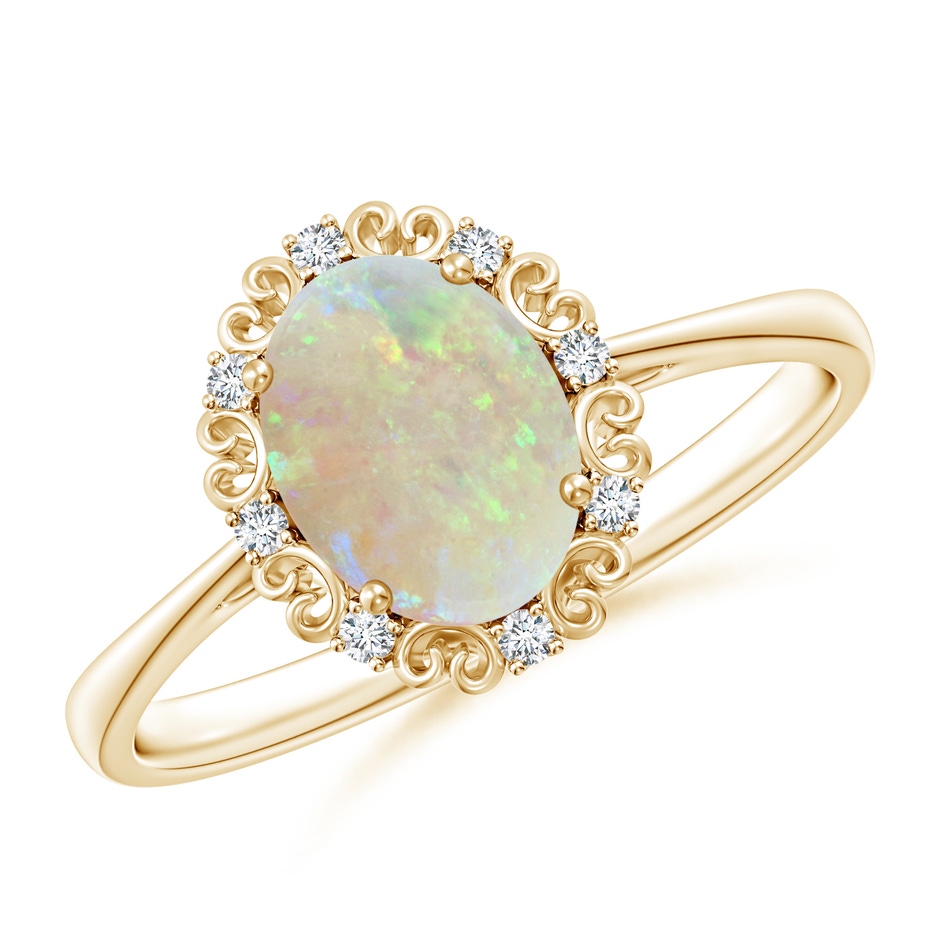 8x6mm AAA Vintage Style Oval Opal and Diamond Scroll Engagement Ring in 9K Yellow Gold 