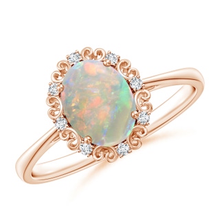 8x6mm AAAA Vintage Style Oval Opal and Diamond Scroll Engagement Ring in 9K Rose Gold