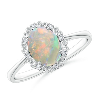 8x6mm AAAA Vintage Style Oval Opal and Diamond Scroll Engagement Ring in P950 Platinum
