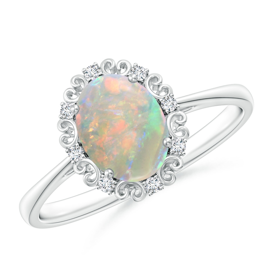 8x6mm AAAA Vintage Style Oval Opal and Diamond Scroll Engagement Ring in S999 Silver 