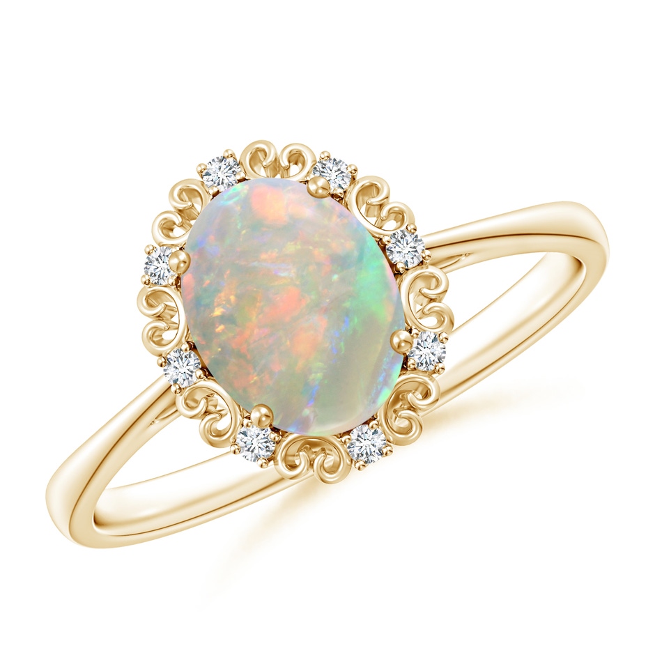 8x6mm AAAA Vintage Style Oval Opal and Diamond Scroll Engagement Ring in Yellow Gold 