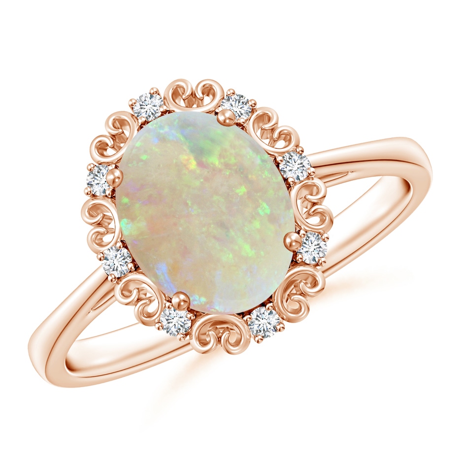 9x7mm AAA Vintage Style Oval Opal and Diamond Scroll Engagement Ring in 9K Rose Gold 
