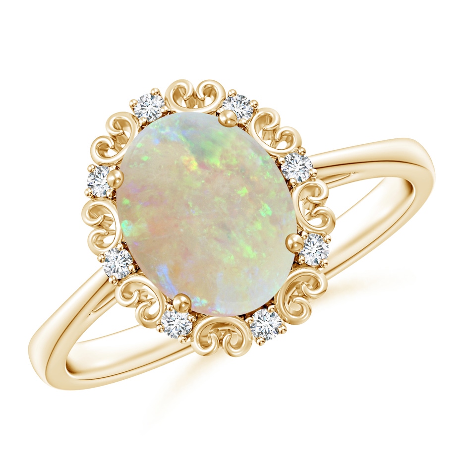 9x7mm AAA Vintage Style Oval Opal and Diamond Scroll Engagement Ring in Yellow Gold 