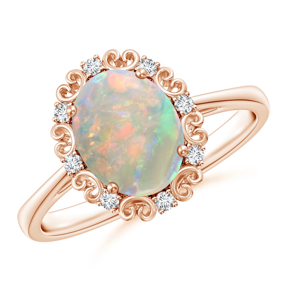 9x7mm AAAA Vintage Style Oval Opal and Diamond Scroll Engagement Ring in Rose Gold 