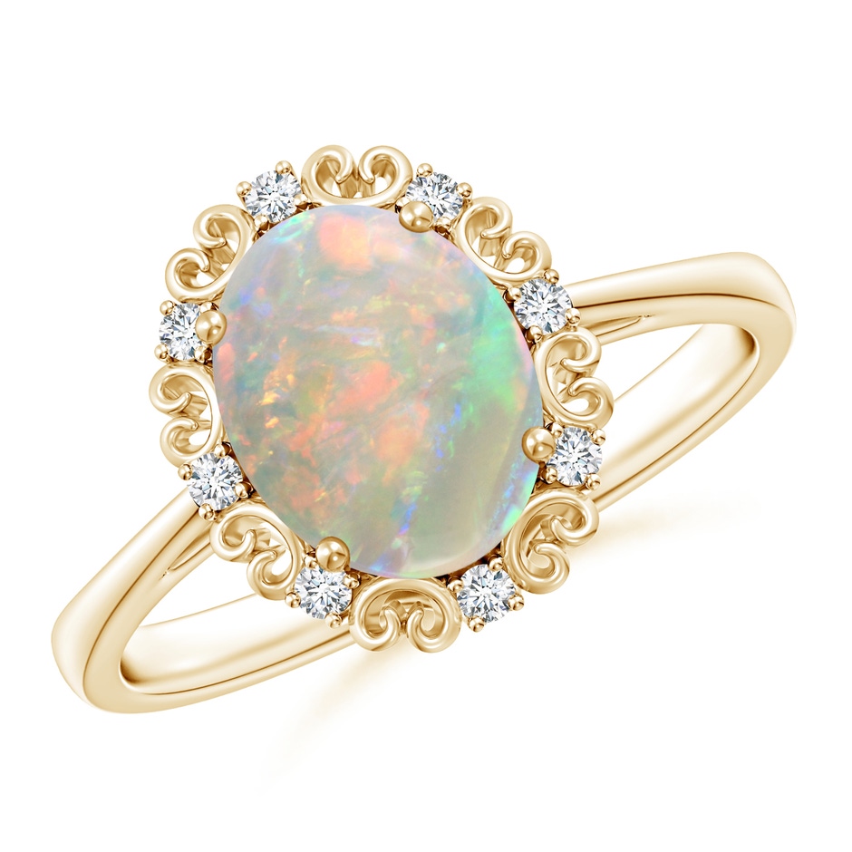 9x7mm AAAA Vintage Style Oval Opal and Diamond Scroll Engagement Ring in Yellow Gold 