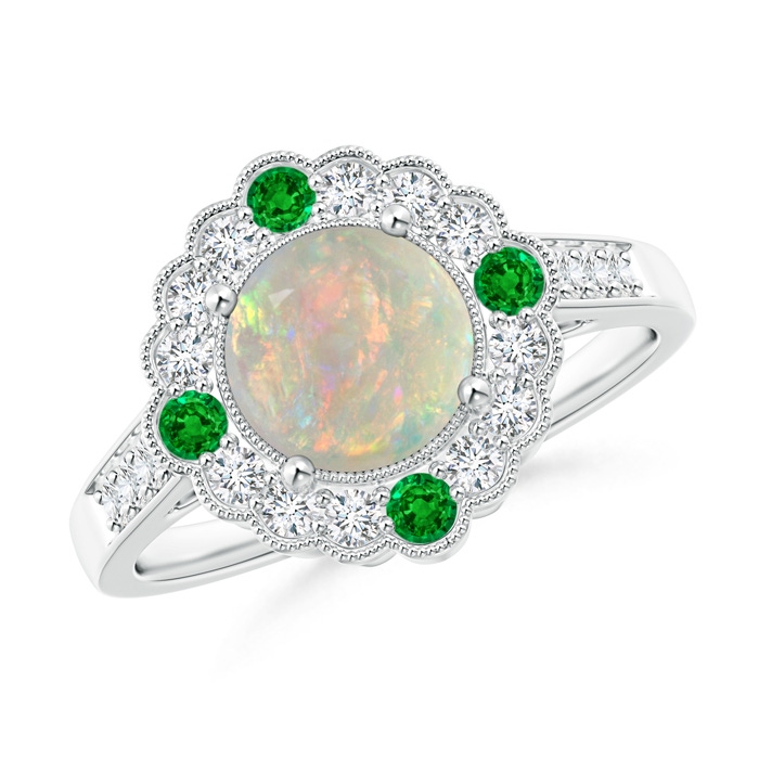 7mm AAAA Art Deco Inspired Opal and Diamond Halo Ring with Milgrain in White Gold