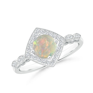 6mm AAAA Vintage Style Opal and Diamond Cushion Halo Ring in White Gold