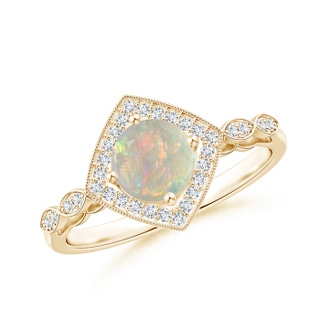 6mm AAAA Vintage Style Opal and Diamond Cushion Halo Ring in Yellow Gold