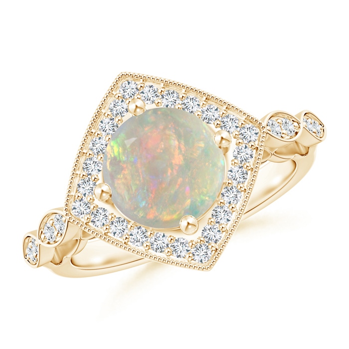 8mm AAAA Vintage Style Opal and Diamond Cushion Halo Ring in Yellow Gold