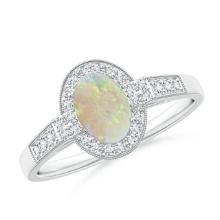 7x5mm AAA Oval Opal Halo Ring with Milgrain Detailing in White Gold