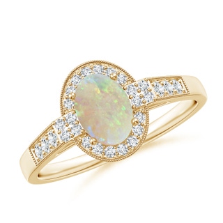 7x5mm AAA Oval Opal Halo Ring with Milgrain Detailing in Yellow Gold