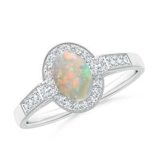 7x5mm AAAA Oval Opal Halo Ring with Milgrain Detailing in White Gold