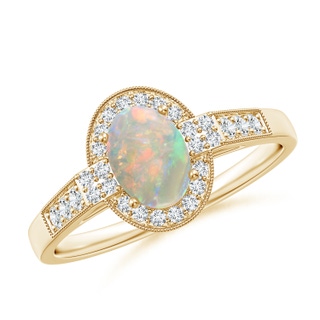 7x5mm AAAA Oval Opal Halo Ring with Milgrain Detailing in Yellow Gold