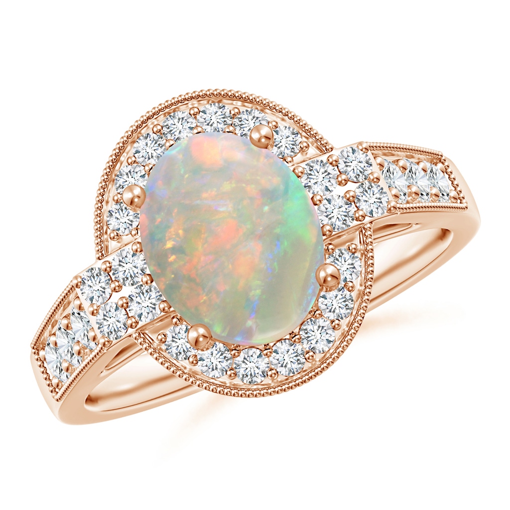 9x7mm AAAA Oval Opal Halo Ring with Milgrain Detailing in Rose Gold